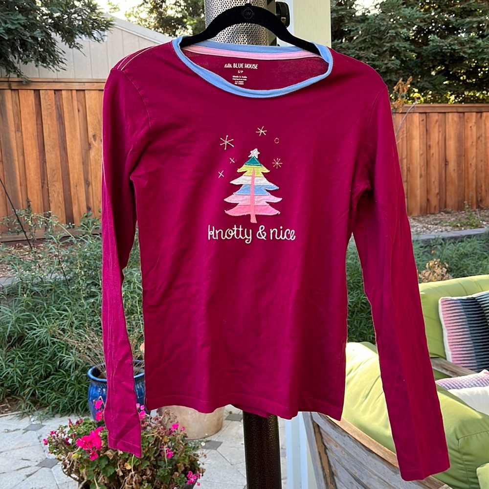 Holiday ‘little blue house’ brand PJ top women’s small, Christmas tree o…